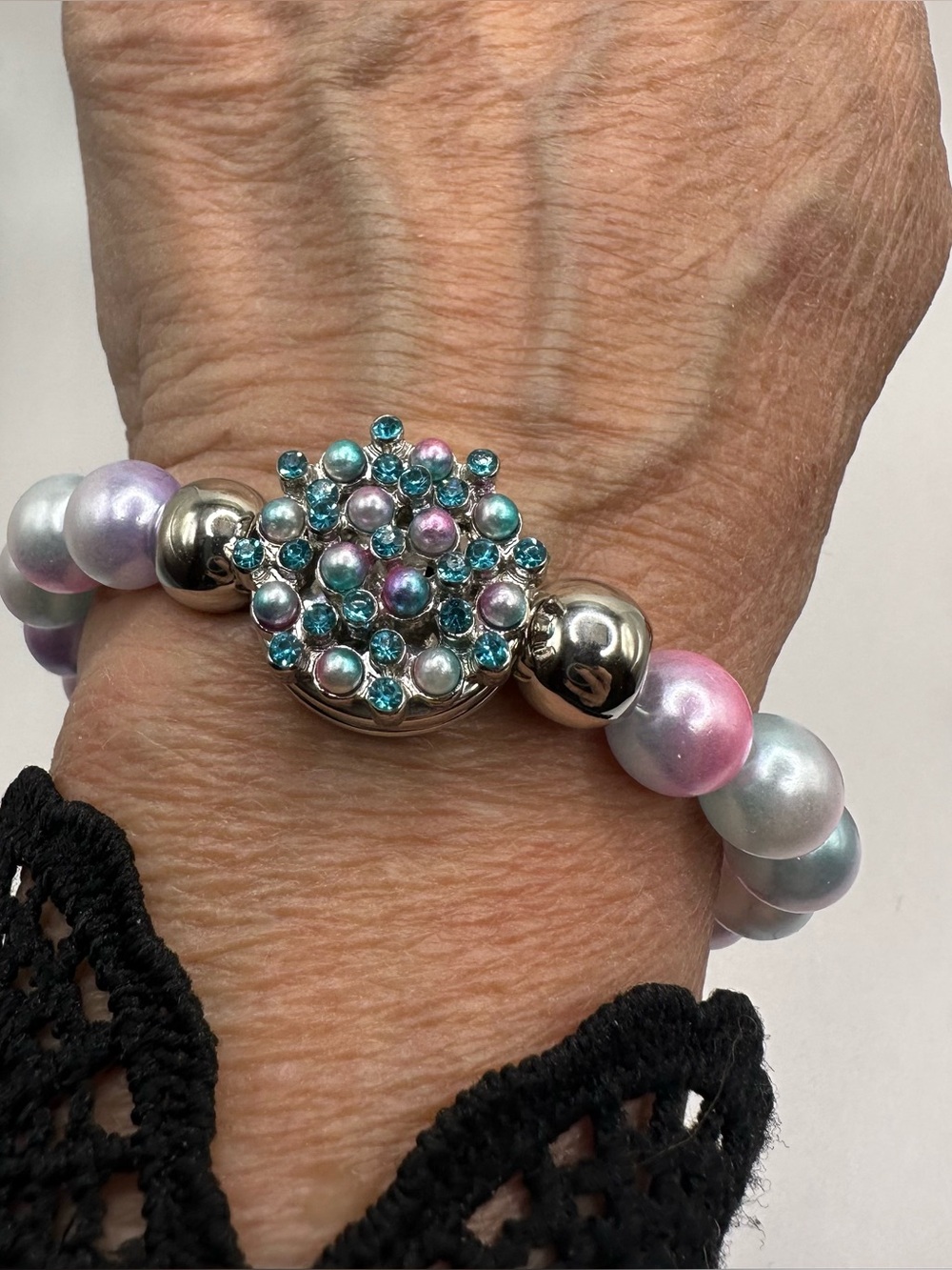 Snap Jewelry Pastel Colors Pearl Bracelet & 18mm Blue Stones & Pearl Ginger Snap